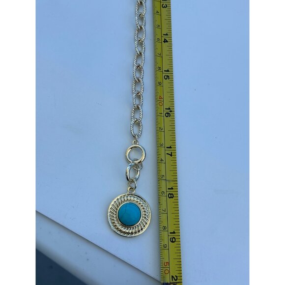 Silver Chain Necklace With Turquoise Pendant Faux Turquoise Bead & Toggle Clasp - Picture 3 of 4